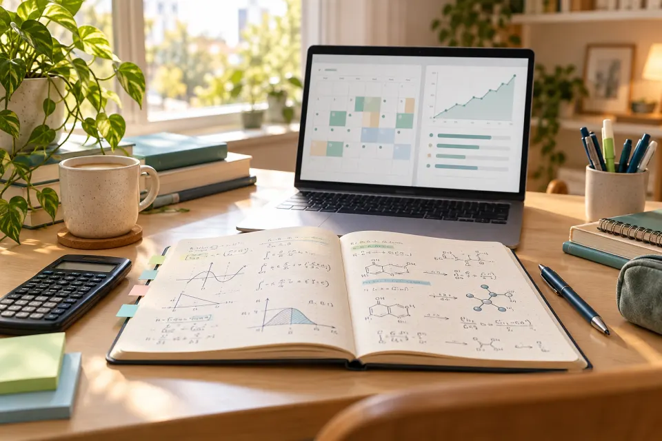 STEM study desk with revision notes, calculator and a digital study planner